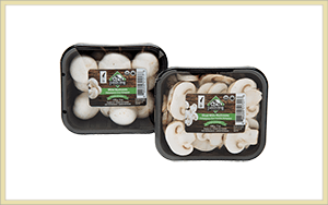 whole and sliced organic white mushrooms with Farmers' Fresh label